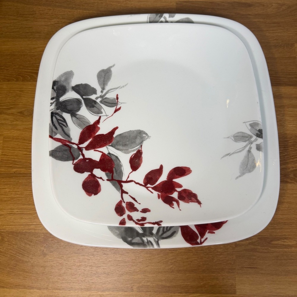 Corelle Kyoto Night Square Plates Set of 4 Red Grey Floral 2 Dinner 2 Lunch